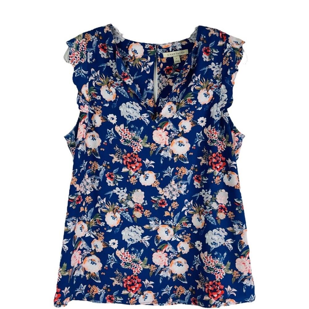 41 Hawthorn blue white floral preppy cottagecore lightweight top medium